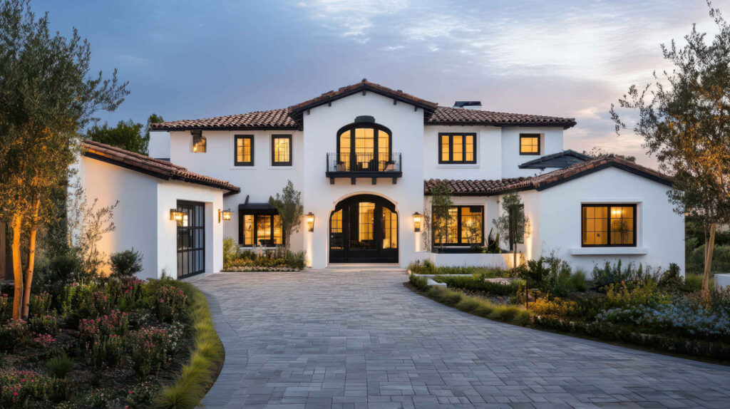 driveway pavers line the driveway to a beautifully lit home